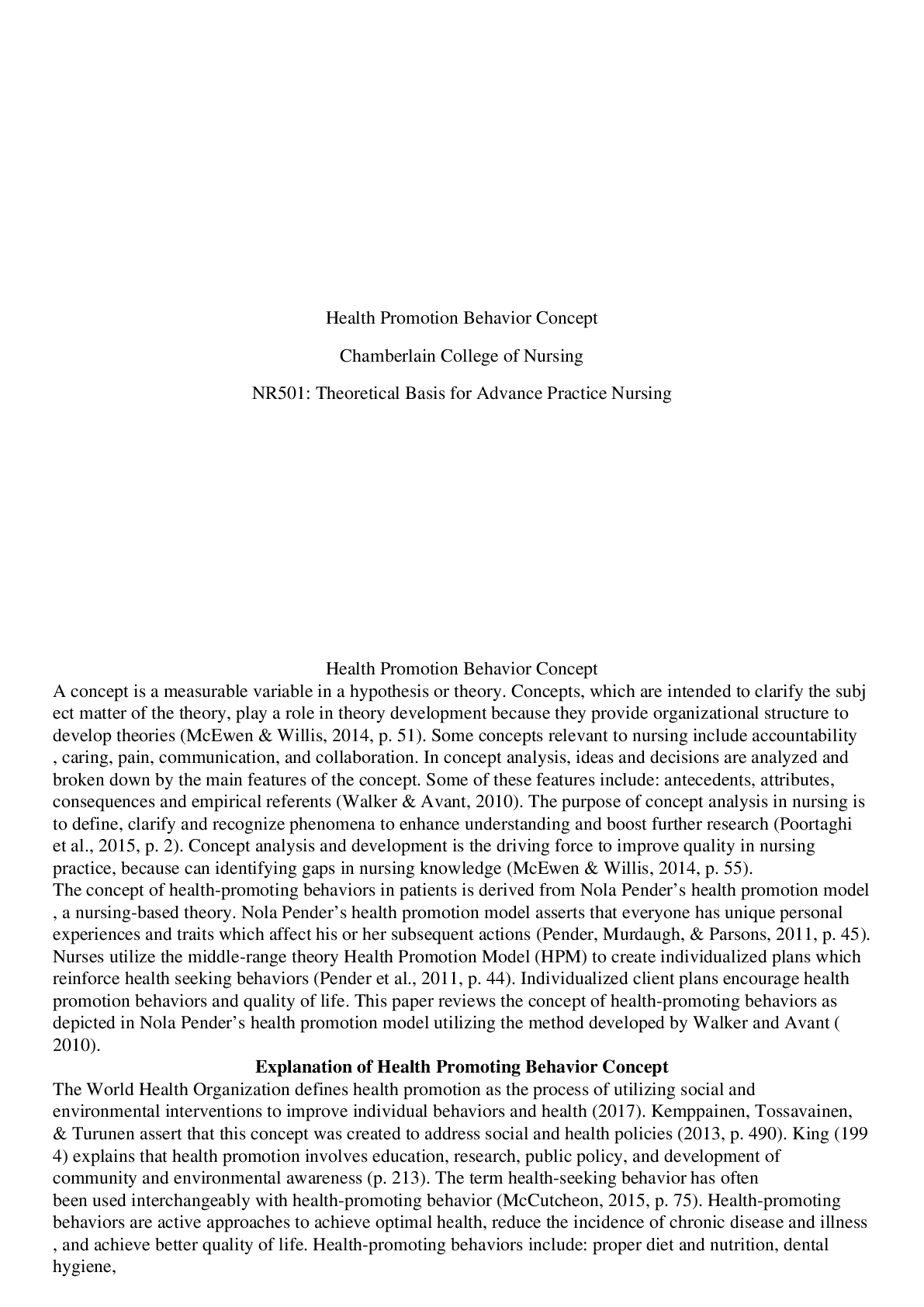 Preview image for NR 501 Health Promotion Behavior Concept